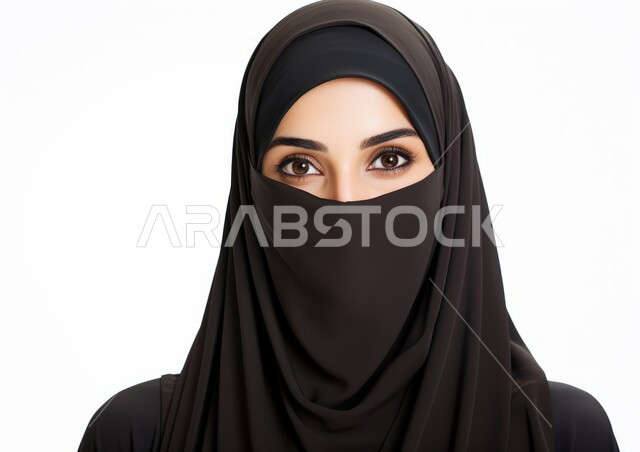 التقاط صورة شخصية للوثائق الرسمية، مفهوم الأنوثة والنعومة والاهتمام بالمظهر الخارجي، أزياء محجبات عصرية راقية، بورتريه مقرب لامرأة عربية خليجية سعودية محجبة ترتدي النقاب والعباءة الحديثة وتنظر الى الكاميرا بإيماءات السرور و الثقة بالنفس، خلفية بيضاء