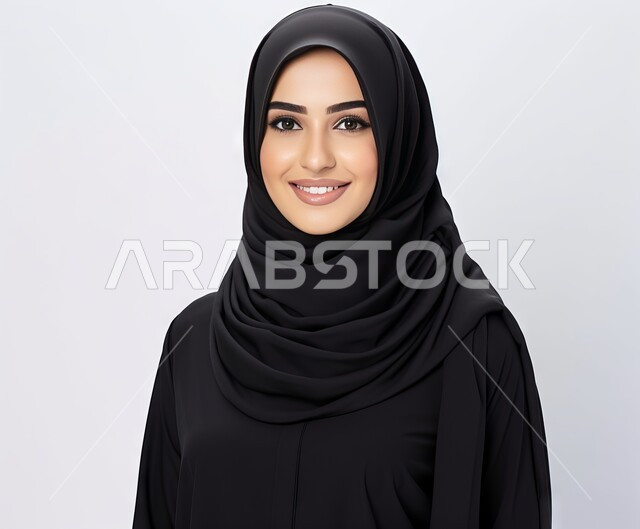 التقاط صورة شخصية للوثائق الرسمية، مفهوم الأنوثة والنعومة والاهتمام بالمظهر الخارجي، أزياء محجبات عصرية راقية، بورتريه مقرب لامرأة عربية خليجية سعودية محجبة ترتدي العباءة الحديثة وتنظر الى الكاميرا بإيماءات السرور و الثقة بالنفس، خلفية بيضاء