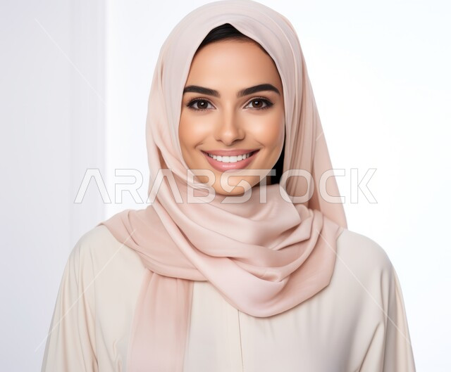 التقاط صورة شخصية للوثائق الرسمية، مفهوم الأنوثة والنعومة والاهتمام بالمظهر الخارجي، أزياء محجبات عصرية راقية، بورتريه مقرب لامرأة عربية خليجية سعودية محجبة ترتدي العباءة الحديثة وتنظر الى الكاميرا بإيماءات السرور و الثقة بالنفس، خلفية بيضاء