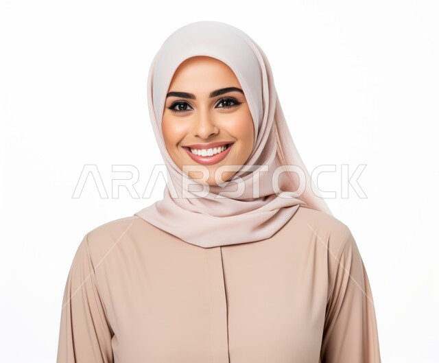 التقاط صورة شخصية للوثائق الرسمية، مفهوم الأنوثة والنعومة والاهتمام بالمظهر الخارجي، أزياء محجبات عصرية راقية، بورتريه مقرب لامرأة عربية خليجية سعودية محجبة ترتدي العباءة الحديثة وتنظر الى الكاميرا بإيماءات السرور و الثقة بالنفس، خلفية بيضاء