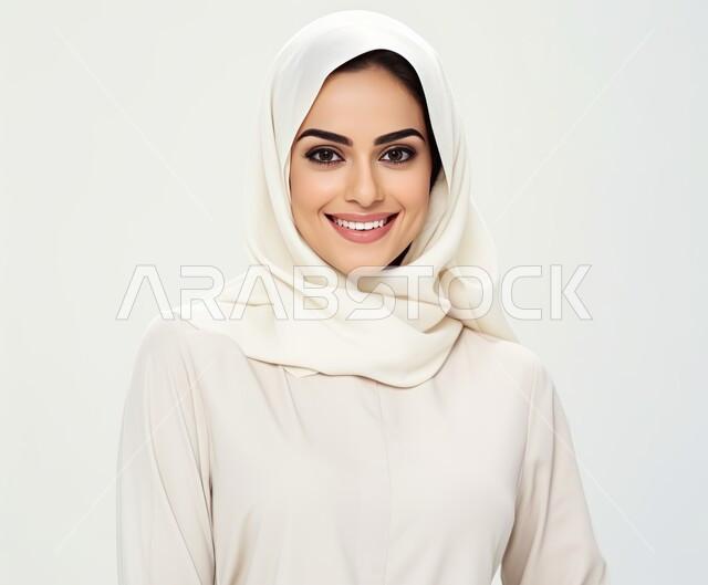 مفهوم الأنوثة والنعومة والاهتمام بالمظهر الخارجي، أزياء محجبات عصرية راقية، بورتريه مقرب لامرأة عربية خليجية سعودية محجبة ترتدي العباءة الحديثة وتنظر الى الكاميرا بإيماءات السرور و الثقة بالنفس، التقاط صورة شخصية للوثائق الرسمية، خلفية بيضاء