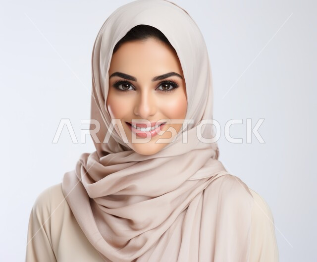 مفهوم الأنوثة والنعومة والاهتمام بالمظهر الخارجي، أزياء محجبات عصرية راقية، بورتريه مقرب لامرأة عربية خليجية سعودية محجبة ترتدي العباءة الحديثة وتنظر الى الكاميرا بإيماءات السرور و الثقة بالنفس، التقاط صورة شخصية للوثائق الرسمية، خلفية بيضاء