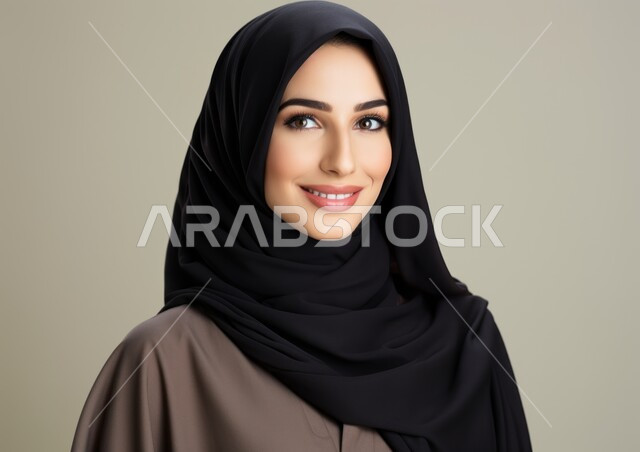 مفهوم الأنوثة والنعومة والاهتمام بالمظهر الخارجي، أزياء محجبات عصرية راقية، بورتريه مقرب لامرأة عربية خليجية سعودية محجبة ترتدي العباءة الحديثة وتنظر الى الكاميرا بإيماءات السرور و الثقة بالنفس، التقاط صورة شخصية للوثائق الرسمية، خلفية رمادية