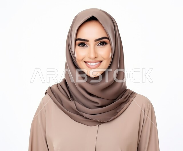 مفهوم الأنوثة والنعومة والاهتمام بالمظهر الخارجي، أزياء محجبات عصرية راقية، بورتريه مقرب لامرأة عربية خليجية سعودية محجبة ترتدي العباءة الحديثة وتنظر الى الكاميرا بإيماءات السرور و الثقة بالنفس، التقاط صورة شخصية للوثائق الرسمية، خلفية بيضاء