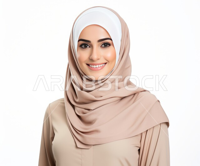 مفهوم الأنوثة والنعومة والاهتمام بالمظهر الخارجي، أزياء محجبات عصرية راقية، بورتريه مقرب لامرأة عربية خليجية سعودية محجبة ترتدي العباءة الحديثة وتنظر الى الكاميرا بإيماءات السرور و الثقة بالنفس، التقاط صورة شخصية للوثائق الرسمية، خلفية بيضاء