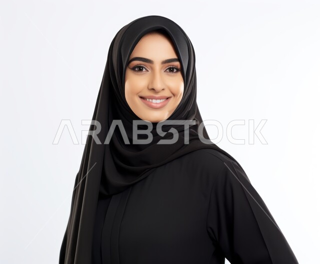 أزياء محجبات عصرية راقية، مفهوم الأنوثة والنعومة والاهتمام بالمظهر الخارجي، بورتريه مقرب لامرأة عربية خليجية سعودية محجبة ترتدي العباءة الحديثة وتنظر الى الكاميرا بإيماءات السرور و الثقة بالنفس، التقاط صورة شخصية للوثائق الرسمية، خلفية بيضاء