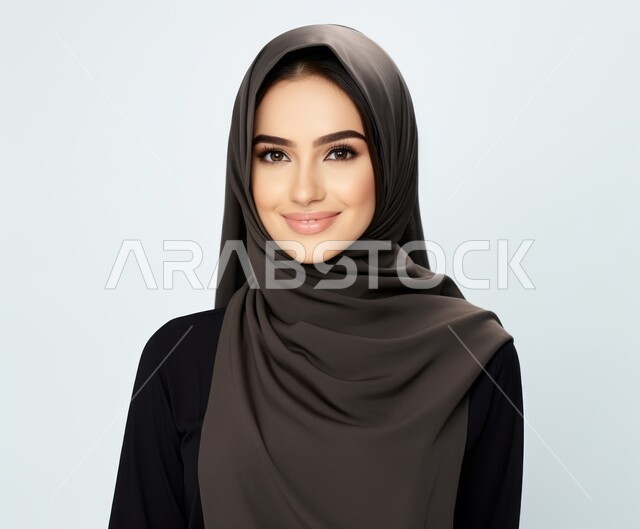 أزياء محجبات عصرية راقية، مفهوم الأنوثة والنعومة والاهتمام بالمظهر الخارجي، بورتريه مقرب لامرأة عربية خليجية سعودية محجبة ترتدي العباءة الحديثة وتنظر الى الكاميرا بإيماءات السرور و الثقة بالنفس، التقاط صورة شخصية للوثائق الرسمية، خلفية بيضاء