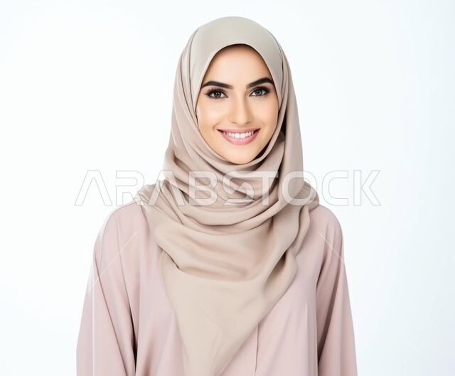 أزياء محجبات عصرية راقية، مفهوم الأنوثة والنعومة والاهتمام بالمظهر الخارجي، بورتريه مقرب لامرأة عربية خليجية سعودية محجبة ترتدي العباءة الحديثة وتنظر الى الكاميرا بإيماءات السرور و الثقة بالنفس، التقاط صورة شخصية للوثائق الرسمية، خلفية بيضاء