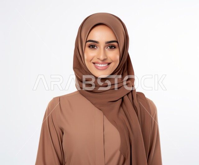 Modern, sophisticated veiled fashion, the concept of femininity, softness, and attention to external appearance, a close-up portrait of a veiled Saudi Arabian Gulf woman wearing a modern abaya and looking at the camera with gestures of pleasure and self-confidence, taking a personal photo for official documents, white background