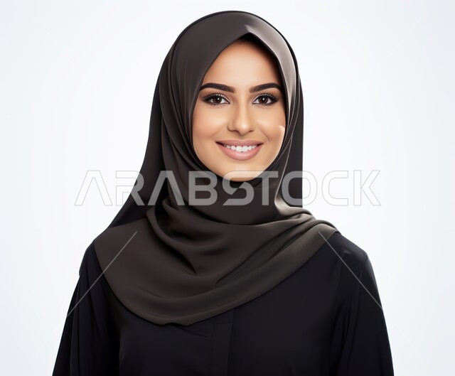 Softness, femininity and attention to external appearance, taking a personal photo for official documents, sophisticated modern veiled fashion, close-up portrait of a veiled Saudi Arabian Gulf woman wearing the niqab and modern abaya and looking at the camera with gestures of pleasure and self-confidence, white background