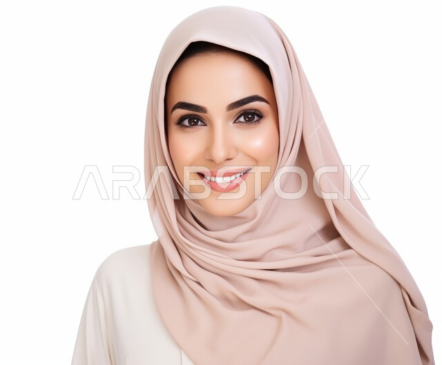 Softness, femininity and attention to external appearance, taking a personal photo for official documents, sophisticated modern veiled fashion, close-up portrait of a veiled Saudi Arabian Gulf woman wearing the niqab and modern abaya and looking at the camera with gestures of pleasure and self-confidence, white background