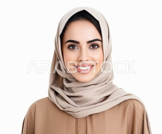 النعومة والأنوثة والاهتمام بالمظهر الخارجي، التقاط صورة شخصية للوثائق الرسمية، أزياء محجبات عصرية راقية، بورتريه مقرب لامرأة عربية خليجية سعودية محجبة ترتدي النقاب والعباءة الحديثة وتنظر الى الكاميرا بإيماءات السرور و الثقة بالنفس، خلفية بيضاء