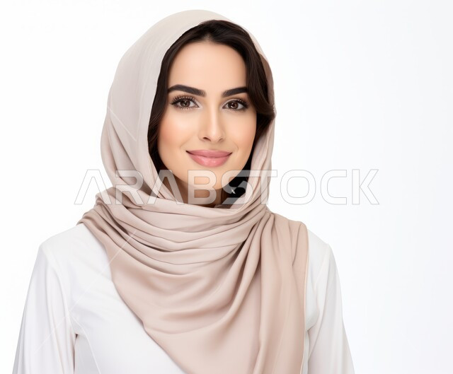 النعومة والأنوثة والاهتمام بالمظهر الخارجي، التقاط صورة شخصية للوثائق الرسمية، أزياء محجبات عصرية راقية، بورتريه مقرب لامرأة عربية خليجية سعودية محجبة ترتدي النقاب والعباءة الحديثة وتنظر الى الكاميرا بإيماءات السرور و الثقة بالنفس، خلفية بيضاء
