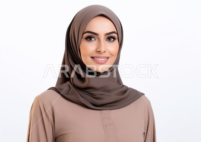 مفهوم الأناقة والاهتمام بالمظهر الخارجي، التقاط صورة شخصية للوثائق الرسمية، أزياء محجبات عصرية راقية، بورتريه مقرب لامرأة عربية خليجية سعودية محجبة ترتدي العباءة الحديثة وتنظر الى الكاميرا بإيماءات السرور و الثقة بالنفس، خلفية بيضاء