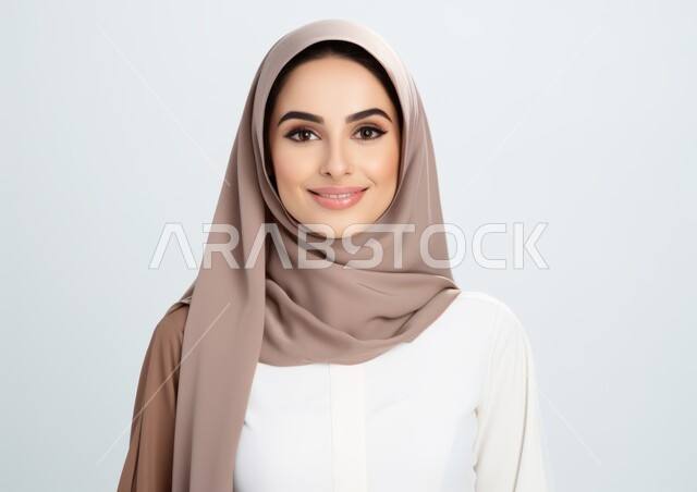The concept of elegance and attention to external appearance, taking a personal photo for official documents, sophisticated modern veiled fashion, a close-up portrait of a veiled Saudi Arabian Gulf woman wearing a modern abaya and looking at the camera with gestures of pleasure and self-confidence, a white background