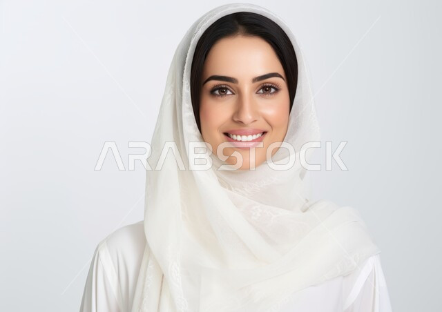 The concept of elegance and attention to external appearance, taking a personal photo for official documents, sophisticated modern veiled fashion, a close-up portrait of a veiled Saudi Arabian Gulf woman wearing a modern abaya and looking at the camera with gestures of pleasure and self-confidence, a white background