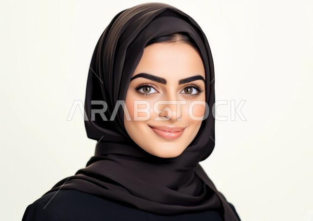 The concept of elegance and attention to external appearance, taking a personal photo for official documents, sophisticated modern veiled fashion, a close-up portrait of a veiled Saudi Arabian Gulf woman wearing a modern abaya and looking at the camera with gestures of pleasure and self-confidence, a white background