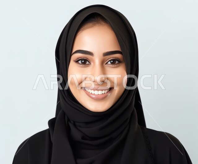 The concept of elegance and attention to external appearance, taking a personal photo for official documents, sophisticated modern veiled fashion, a close-up portrait of a veiled Saudi Arabian Gulf woman wearing a modern abaya and looking at the camera with gestures of pleasure and self-confidence, a white background