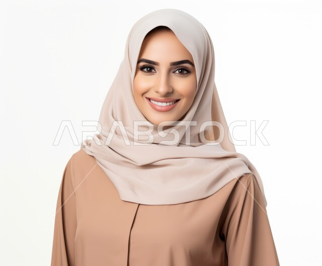 النعومه والأنوثة والاهتمام بالمظهر الخارجي، التقاط صورة شخصية للوثائق الرسمية، أزياء محجبات عصرية راقية، بورتريه مقرب لامرأة عربية خليجية سعودية محجبة ترتدي العباءة الحديثة وتنظر الى الكاميرا بإيماءات السرور و الثقة بالنفس، خلفية بيضاء