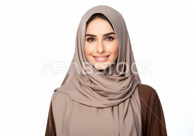 النعومه والأنوثة والاهتمام بالمظهر الخارجي، التقاط صورة شخصية للوثائق الرسمية، أزياء محجبات عصرية راقية، بورتريه مقرب لامرأة عربية خليجية سعودية محجبة ترتدي العباءة الحديثة وتنظر الى الكاميرا بإيماءات السرور و الثقة بالنفس، خلفية بيضاء