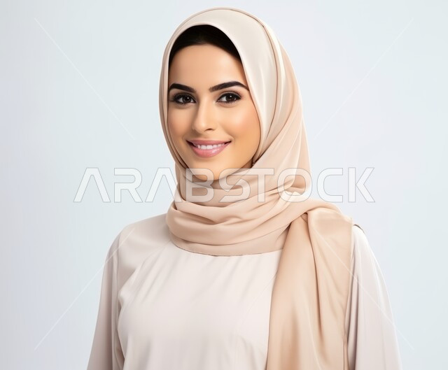 النعومه والأنوثة والاهتمام بالمظهر الخارجي، التقاط صورة شخصية للوثائق الرسمية، أزياء محجبات عصرية راقية، بورتريه مقرب لامرأة عربية خليجية سعودية محجبة ترتدي العباءة الحديثة وتنظر الى الكاميرا بإيماءات السرور و الثقة بالنفس، خلفية بيضاء