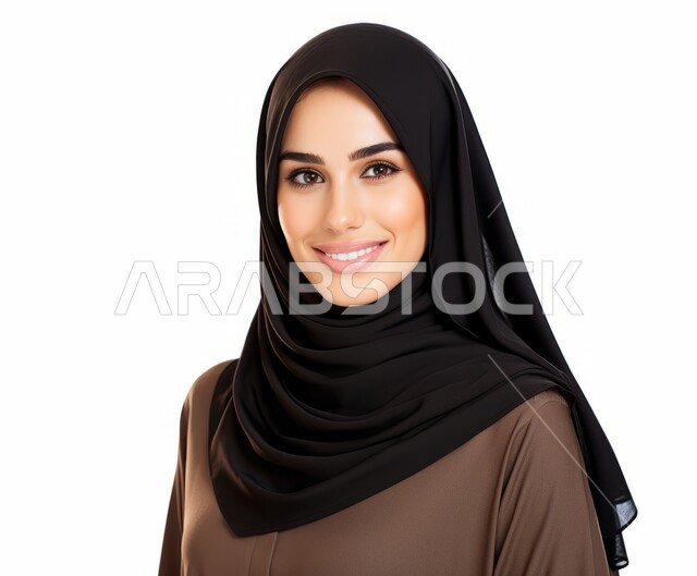 النعومة والأنوثة والاهتمام بالمظهر الخارجي، التقاط صورة شخصية للوثائق الرسمية، أزياء محجبات عصرية راقية، بورتريه مقرب لامرأة عربية خليجية سعودية محجبة ترتدي العباءة الحديثة وتنظر الى الكاميرا بإيماءات السرور و الثقة بالنفس، خلفية بيضاء