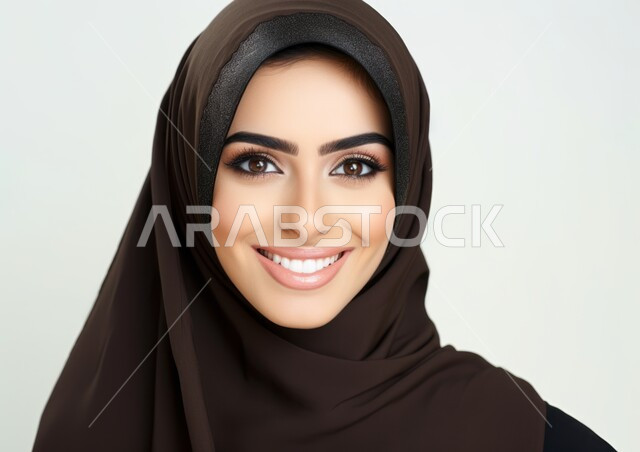 النعومة والأنوثة والاهتمام بالمظهر الخارجي، التقاط صورة شخصية للوثائق الرسمية، أزياء محجبات عصرية راقية، بورتريه مقرب لامرأة عربية خليجية سعودية محجبة ترتدي العباءة الحديثة وتنظر الى الكاميرا بإيماءات السرور و الثقة بالنفس، خلفية بيضاء
