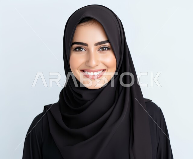 Softness, femininity and attention to external appearance, taking a personal photo for official documents, sophisticated modern veiled fashion, close-up portrait of a veiled Saudi Arabian Gulf woman wearing a modern abaya and looking at the camera with gestures of pleasure and self-confidence, white background