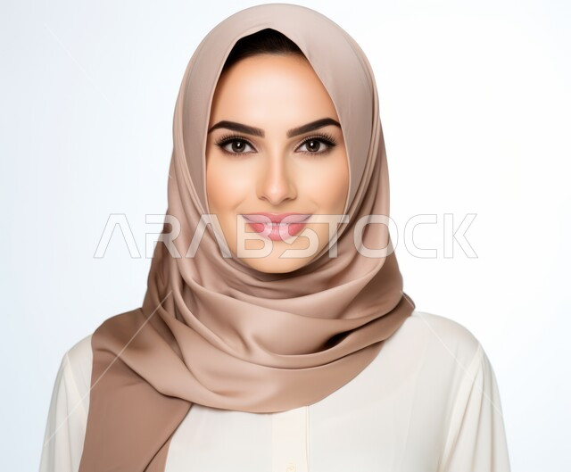 الأناقة والاهتمام بالمظهر الخارجي، التقاط صورة شخصية للوثائق الرسمية، أزياء محجبات عصرية راقية، بورتريه مقرب لامرأة عربية خليجية سعودية محجبة ترتدي العباءة الحديثة وتنظر الى الكاميرا بإيماءات السرور و الثقة بالنفس، خلفية بيضاء