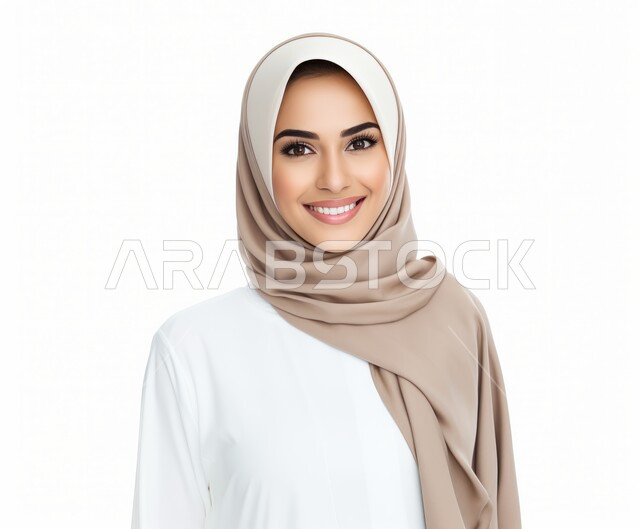 الأناقة والاهتمام بالمظهر الخارجي، التقاط صورة شخصية للوثائق الرسمية، أزياء محجبات عصرية راقية، بورتريه مقرب لامرأة عربية خليجية سعودية محجبة ترتدي العباءة الحديثة وتنظر الى الكاميرا بإيماءات السرور و الثقة بالنفس، خلفية بيضاء