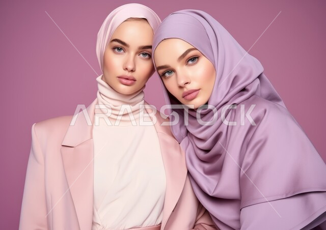مفهوم الأنوثة النعومة الأناقة والشياكة، الحب و المودة بين الأشقاء، أزياء محجبات عصرية حديثة، الاهتمام بالمظهر الخارجي، صورة مقربة لشابتان عربيتان خليجيتان سعوديتان محجبتان مبتسمتان تنظران إلى الكاميرا بإيماءات الثقه بالنفس، خلفيه بنفسجية