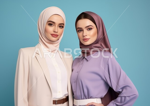 Love and affection between siblings, the concept of softness, elegance, elegance and femininity, modern veiled fashion, attention to external appearance, a close-up photo of two veiled Saudi Arabian Gulf women, smiling, looking at the camera with gestures of self-confidence, blue background.