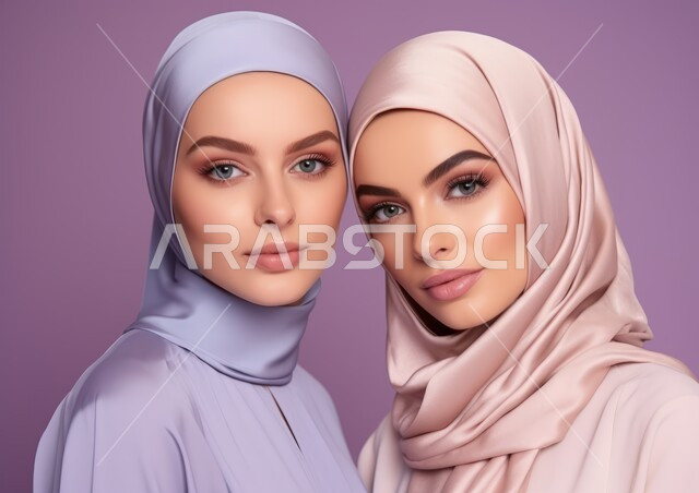 المودة و المحبة بين الأشقاء، مفهوم النعومة الأناقة والشياكة و الأنوثة، أزياء محجبات عصرية حديثة، الاهتمام بالمظهر الخارجي، صورة مقربة لشابتان عربيتان خليجيتان سعوديتان محجبتان مبتسمتان تنظران إلى الكاميرا بإيماءات الثقه بالنفس، خلفيه بنفسجية