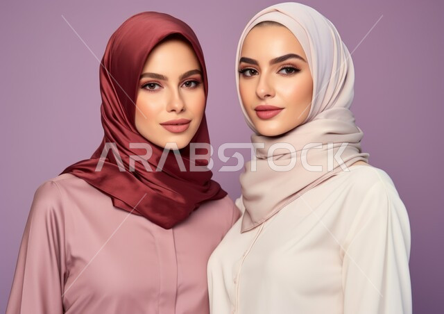 مفهوم النعومة الأناقة والشياكة و الأنوثة، أزياء محجبات عصرية حديثة، الاهتمام بالمظهر الخارجي، المودة و المحبة بين الأشقاء، صورة مقربة لشابتان عربيتان خليجيتان سعوديتان محجبتان مبتسمتان تنظران إلى الكاميرا بإيماءات الثقه بالنفس، خلفيه بنفسجية