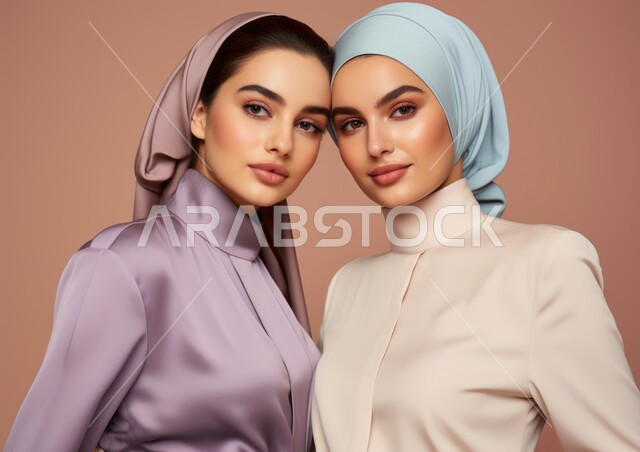  أزياء محجبات عصرية حديثة، الاهتمام بالمظهر الخارجي، المودة و المحبة بين الأشقاء، صورة مقربة لشابتان عربيتان خليجيتان سعوديتان محجبتان مبتسمتان تنظران إلى الكاميرا بإيماءات الثقه بالنفس، مفهوم الأناقة والشياكة و الأنوثة والنعومة، خلفيه ملونة .