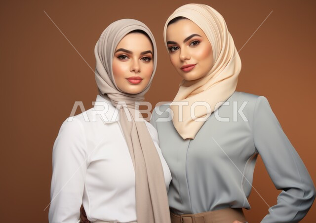 الاهتمام بالمظهر الخارجي، المودة و المحبة بين الأشقاء، صورة مقربة لشابتان عربيتان خليجيتان سعوديتان محجبتان مبتسمتان تنظران إلى الكاميرا بإيماءات الثقه بالنفس، أزياء محجبات عصرية حديثة، مفهوم الأناقة والشياكة و الأنوثة والنعومة، خلفيه ملونة .