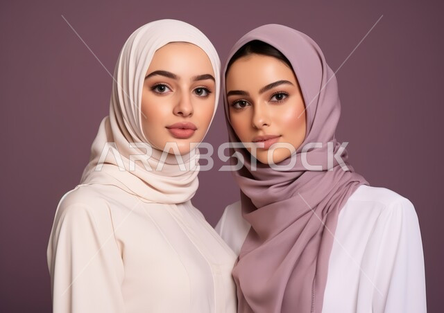 المودة و المحبة بين الأشقاء، صورة مقربة لشابتان عربيتان خليجيتان سعوديتان محجبتان مبتسمتان تنظران إلى الكاميرا بإيماءات الثقه بالنفس، أزياء محجبات عصرية حديثة، مفهوم الأناقة والشياكة و الأنوثة والنعومة، الاهتمام بالمظهر الخارجي، خلفيه ملونة .