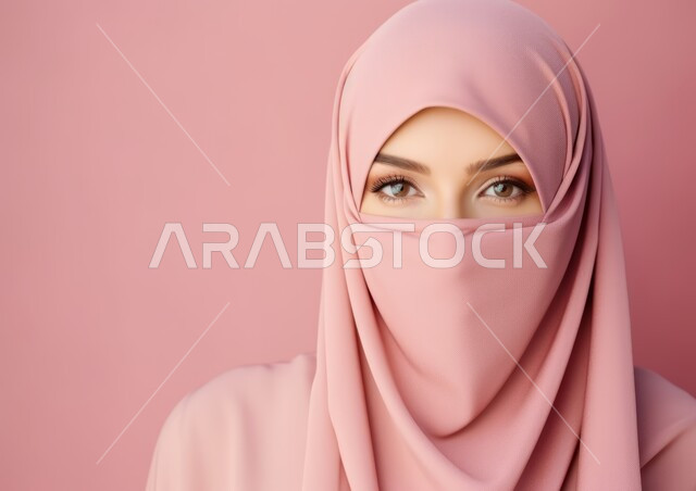 أزياء محجبات عصرية حديثة، مفهوم الأناقة والشياكة و الأنوثة والنعومة، الاهتمام بالمظهر الخارجي، صورة مقربة لامرأة عربيه خليجيه سعودية محجبه ترتدي البرقع، النظر إلى الكاميرا بإيماءات الثقه بالنفس، خلفية وردية .