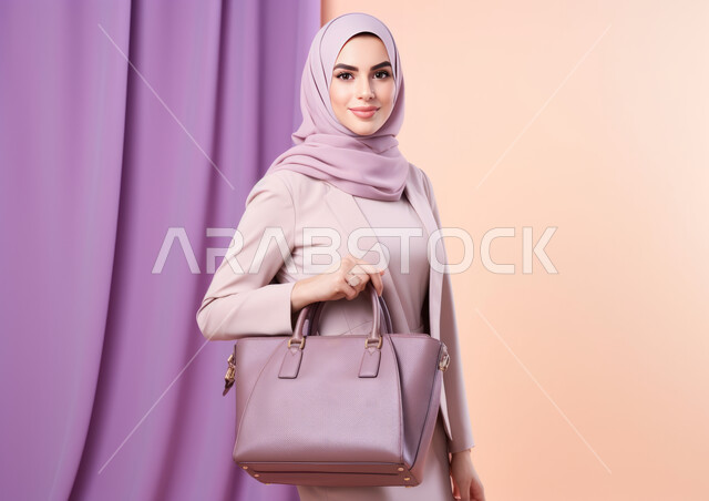  مفهوم الأناقة والشياكة و الأنوثة والنعومة، الاهتمام بالمظهر الخارجي، امرأة عربيه خليجيه سعودية محجبه مبتسمة ترتدي الزي الرسمي وتحمل بيدها حقيبة ، النظر إلى الكاميرا بإيماءات الثقه بالنفس، أزياء محجبات عصرية حديثة، خلفية ملونة .