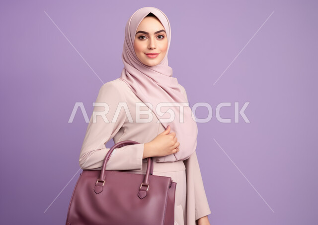 الاهتمام بالمظهر الخارجي، بورتريه لامرأة عربيه خليجيه سعودية محجبه مبتسمة ترتدي الزي الرسمي وتحمل بيدها حقيبة ، النظر إلى الكاميرا بإيماءات الثقه بالنفس، مفهوم الأناقة والشياكة و الأنوثة والنعومة، أزياء محجبات عصرية حديثة، خلفية بنفسجية .
