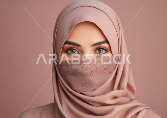 مفهوم الأنوثة الأناقة والشياكة والنعومة، النظر إلى الكاميرا بإيماءات الثقه بالنفس، أزياء محجبات عصرية حديثة، الاهتمام بالمظهر الخارجي، بورتريه مقرب لامرأة عربيه خليجيه سعودية محجبه ترتدي البرقع، خلفية وردية