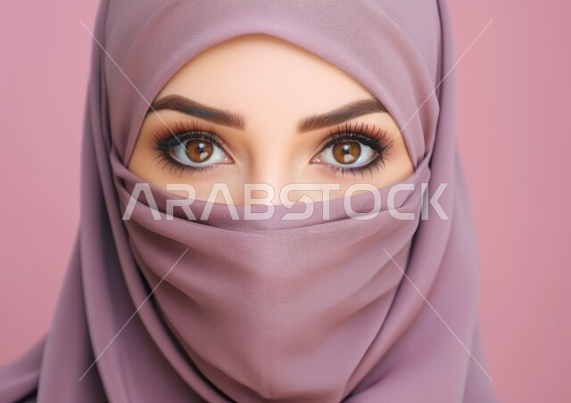 النظر إلى الكاميرا بإيماءات الثقه بالنفس، أزياء محجبات عصرية حديثة، مفهوم الأناقة والشياكة و الأنوثة والنعومة، الاهتمام بالمظهر الخارجي، بورتريه مقرب لامرأة عربيه خليجيه سعودية محجبه ترتدي البرقع، خلفية وردية
