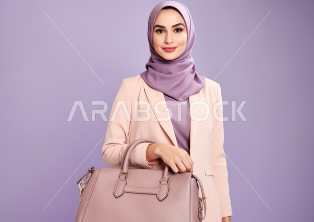 Modern fashion for veiled women, the concept of elegance, elegance, femininity and softness, attention to external appearance, a portrait of a veiled Saudi Arabian Gulf woman, smiling, wearing a formal uniform and carrying a bag in her hand, looking at the camera with self-confidence gestures, purple background