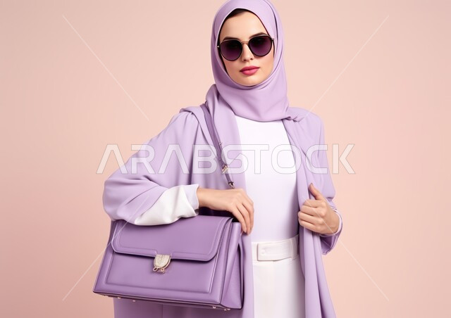 مفهوم الأناقة والشياكة و الأنوثة والنعومة، الاهتمام بالمظهر الخارجي، بورتريه لامرأة عربيه خليجيه سعودية محجبه مبتسمة ترتدي الزي الرسمي والنظارات الشمسية وتحمل بيدها حقيبة، النظر إلى الكاميرا بإيماءات الثقه بالنفس، أزياء محجبات عصرية حديثة، خلفية ملونة