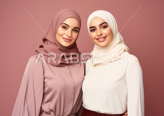 مفهوم الأناقة والشياكة و الأنوثة والنعومة، أزياء محجبات عصرية حديثة، الاهتمام بالمظهر الخارجي، المودة و المحبة بين الأشقاء، بورتريه مقرب لشابتان عربيتان خليجيتان سعوديتان محجبتان مبتسمتان تنظران إلى الكاميرا بإيماءات الثقه بالنفس، خلفيه وردية
