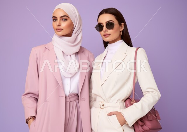 الاهتمام بالمظهر الخارجي، بورتريه لامرأة عربيه خليجيه سعودية محجبه مبتسمة ترتدي الزي الرسمي وتحمل بيدها حقيبة ، النظر إلى الكاميرا بإيماءات الثقه بالنفس، مفهوم الأناقة والشياكة و الأنوثة والنعومة، أزياء محجبات عصرية حديثة، خلفية بنفسجية