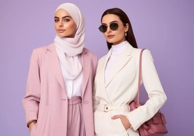 Attention to external appearance, a portrait of a veiled Saudi Arabian Gulf woman, smiling, wearing a formal uniform and carrying a bag in her hand, looking at the camera with gestures of self-confidence, the concept of elegance, elegance, femininity and softness, modern modern veiled fashion, purple background.