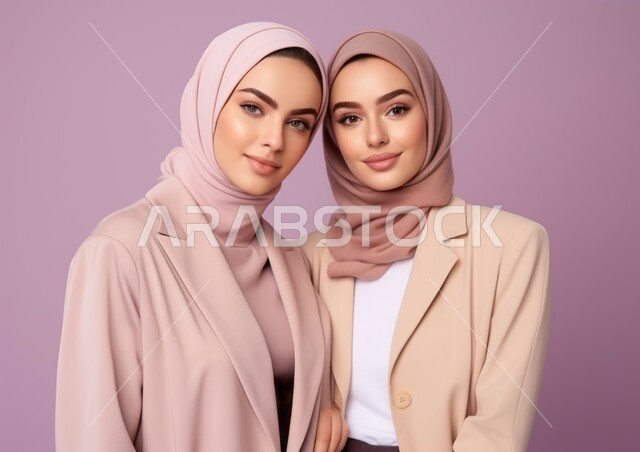 مفهوم الأنوثة النعومة الأناقة والشياكة، الحب و المودة بين الأشقاء، أزياء محجبات عصرية حديثة، الاهتمام بالمظهر الخارجي، بورتريه مقرب لشابتان عربيتان خليجيتان سعوديتان محجبتان مبتسمتان تنظران إلى الكاميرا بإيماءات الثقه بالنفس، خلفيه بنفسجية