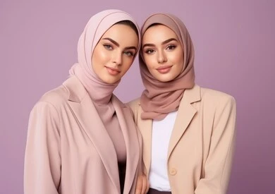 The concept of femininity, softness, elegance and elegance, love and affection between siblings, modern veiled fashion, attention to external appearance, a close-up photo of two veiled Saudi Arabian Gulf women, smiling, looking at the camera with self-confidence gestures, purple background.