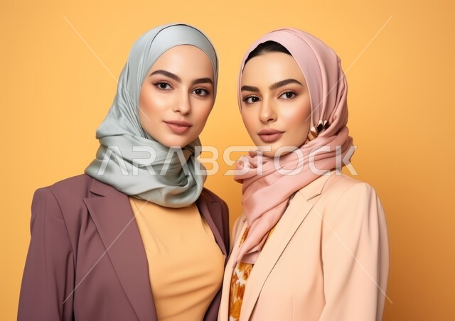 المودة و المحبة بين الأصدقاء، الاهتمام بالمظهر الخارجي، بورتريه مقرب لشابتان عربيتان خليجيتان سعوديتان محجبتان مبتسمتان تنظران إلى الكاميرا بإيماءات الثقه بالنفس، أزياء محجبات عصرية حديثة، مفهوم الأناقة والشياكة و الأنوثة والنعومة، خلفيه صفراء